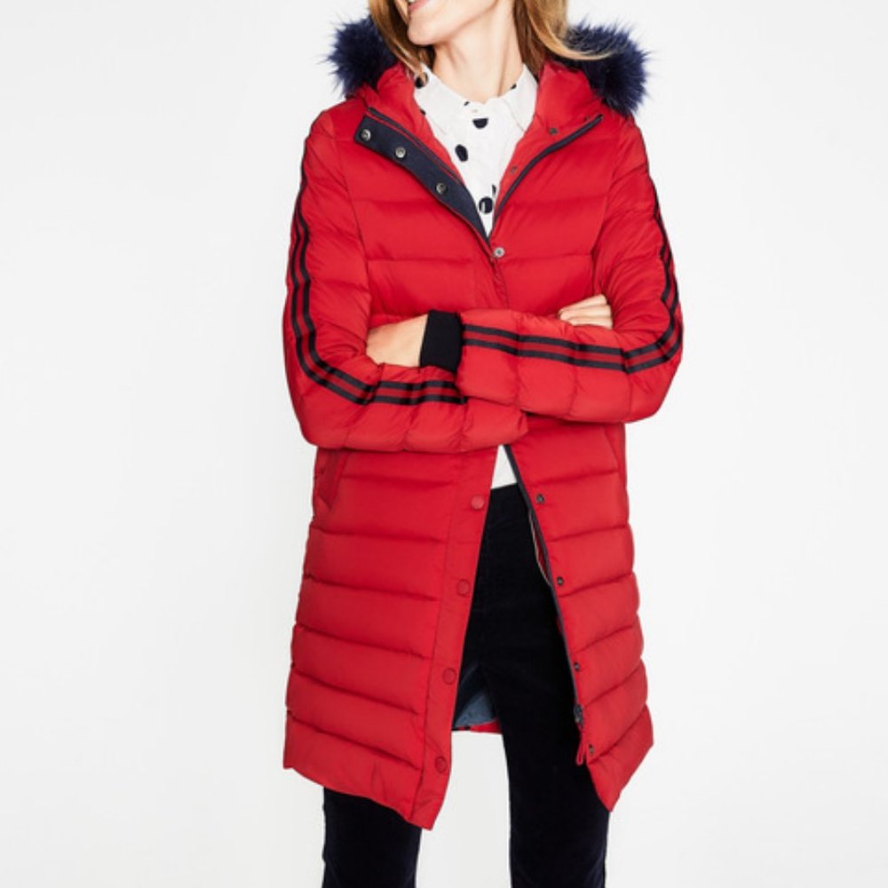 BODEN Brecon Long Puffer Coat Red Poinsettia Navy Blue
